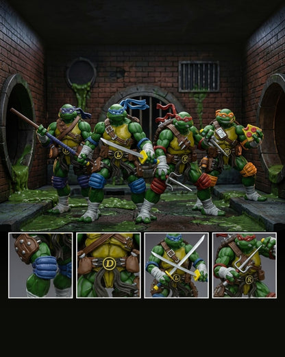 VaultifyUK JOYTOY TMNT 1/18 scale action figure set featuring Leonardo, Raphael, Donatello, and Michelangelo