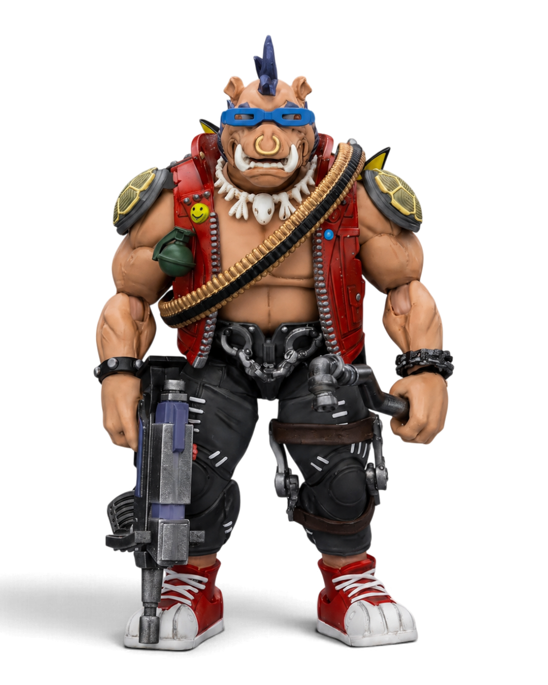 VaultifyUK JoyToy TMNT Bebop 1/18 scale action figure with red vest, blue mohawk, rifle, and detailed accessories.