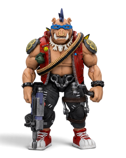 VaultifyUK JoyToy TMNT Bebop 1/18 scale action figure with red vest, blue mohawk, rifle, and detailed accessories.