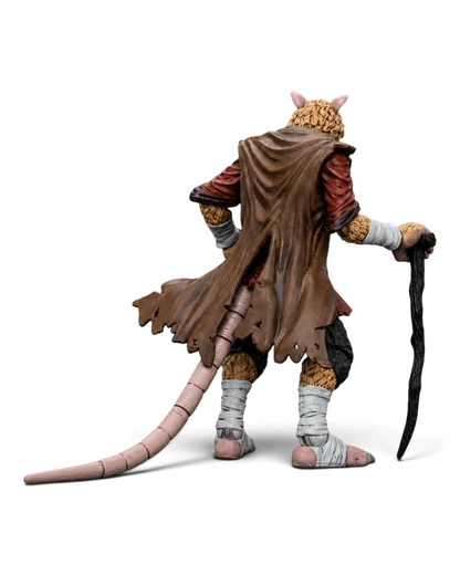 Rear view of the JoyToy TMNT Master Splinter figure showing his cloak, bandaged feet and segmented tail