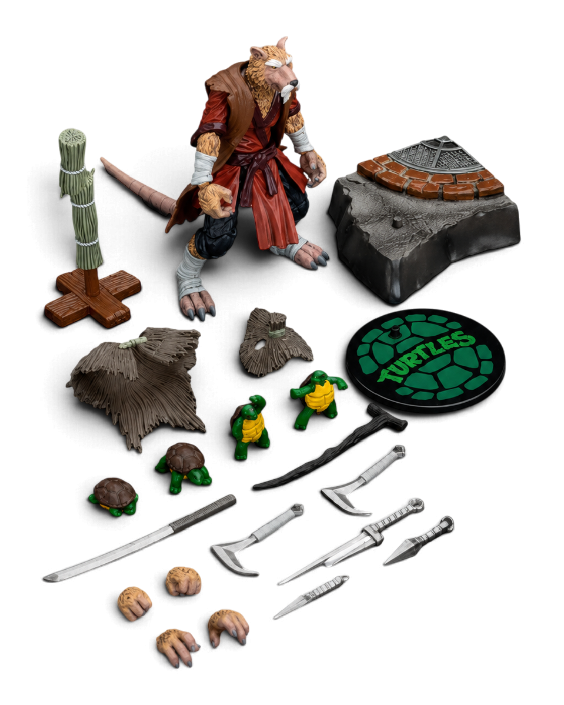 JoyToy TMNT Master Splinter figure with weapons, interchangeable hands, turtle figures, training post and display accessories