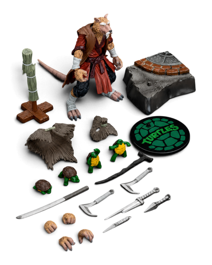 JoyToy TMNT Master Splinter figure with weapons, interchangeable hands, turtle figures, training post and display accessories