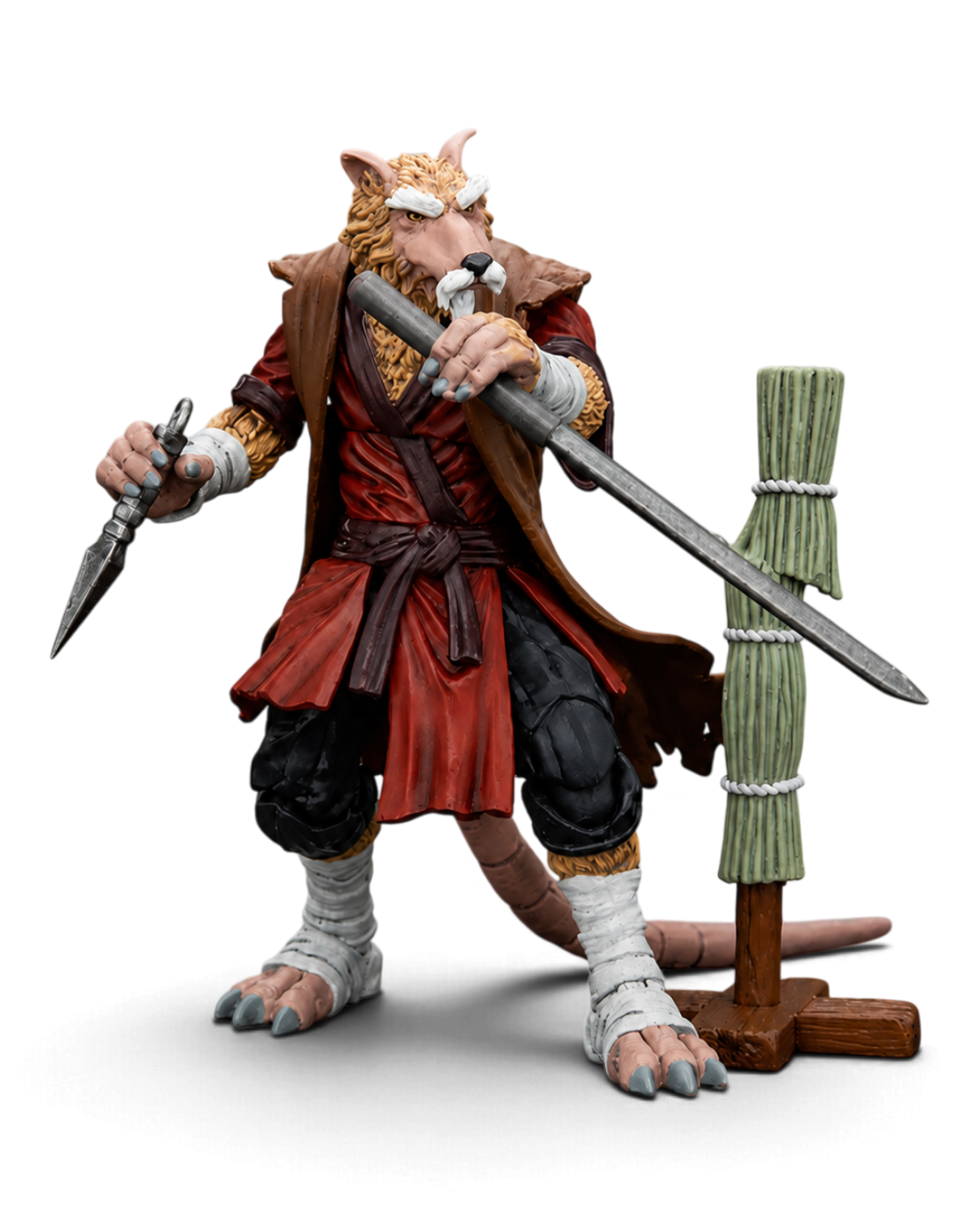 JoyToy TMNT Master Splinter action figure posed with staff, dagger and martial arts training post