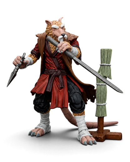 JoyToy TMNT Master Splinter action figure posed with staff, dagger and martial arts training post