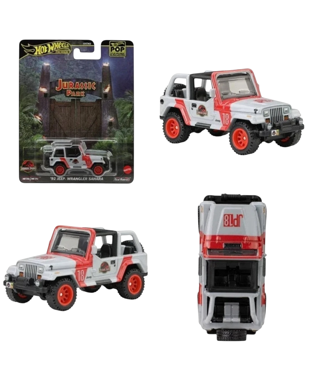 VaultifyUK Hot Wheels Premium 1992 Jurassic Park Jeep Wrangler Sahara 1:64 scale die-cast model with red and white livery