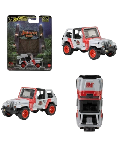 VaultifyUK Hot Wheels Premium 1992 Jurassic Park Jeep Wrangler Sahara 1:64 scale die-cast model with red and white livery