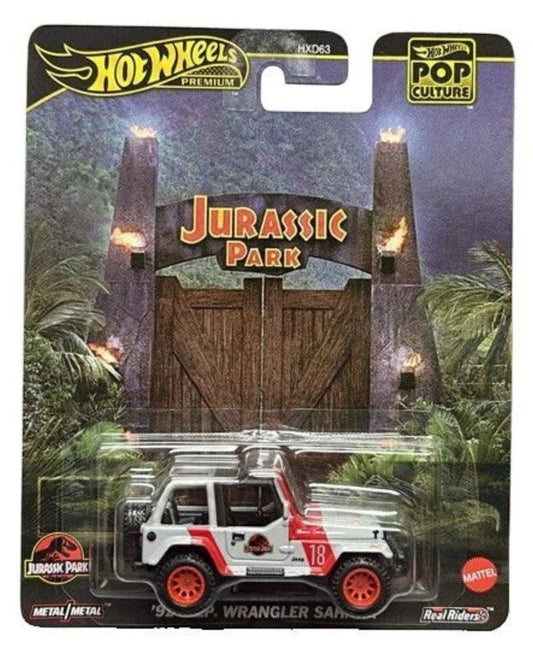 VaultifyUK Hot Wheels Premium Jurassic Park 1992 Jeep Wrangler Sahara die-cast model in 1:64 scale on blister card.