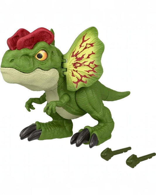 VaultifyUK Jurassic World Dilophosaurus interactive dinosaur toy with red frill, roaring sounds, and dart launcher.