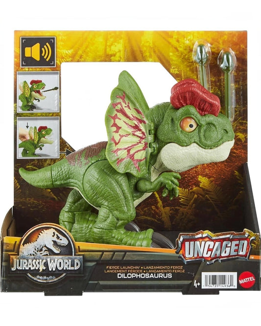 VaultifyUK Jurassic World Fierce Launchin' Dilophosaurus toy with green skin, red frill, and projectile darts.