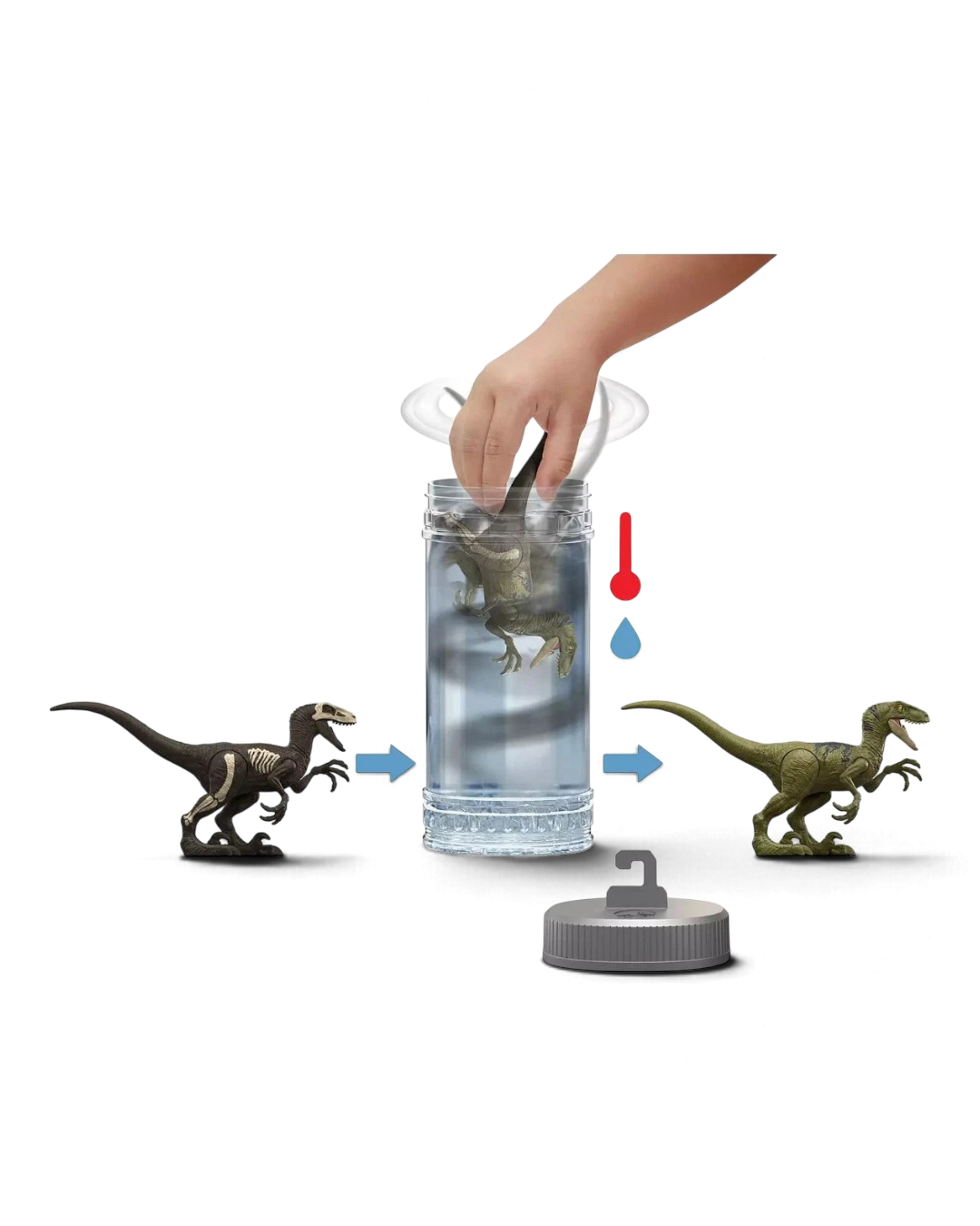 VaultifyUK Jurassic World Dino Reveal figure showing water-activated colour change from skeleton to green dinosaur