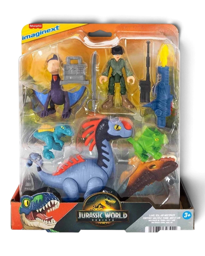 VaultifyUK Fisher-Price Imaginext Jurassic World Rebirth dinosaur multi-pack with figures, accessories, and creatures.