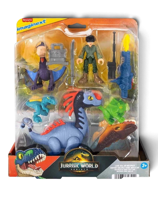 VaultifyUK Fisher-Price Imaginext Jurassic World Rebirth dinosaur multi-pack with figures, accessories, and creatures.