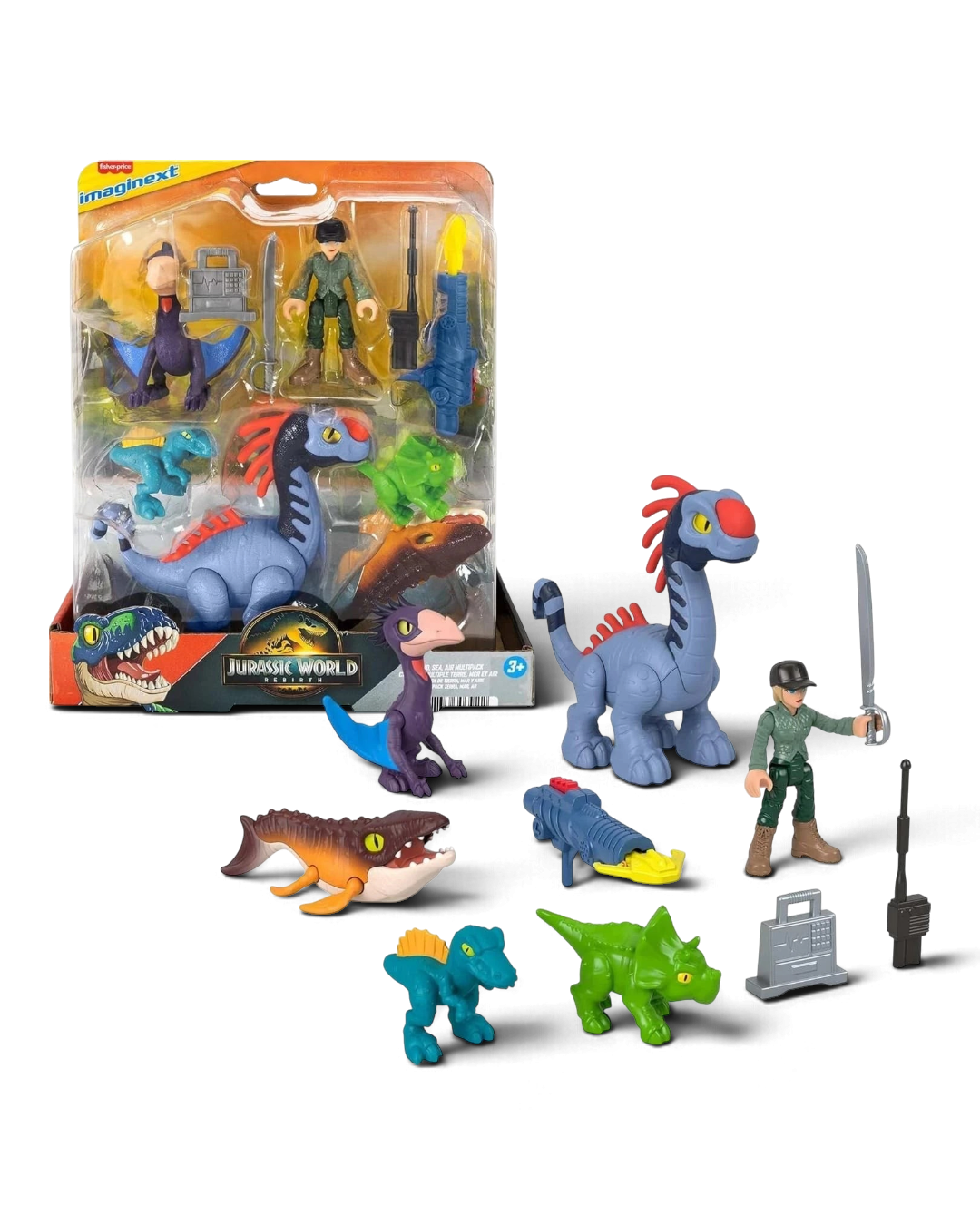 VaultifyUK Fisher-Price Imaginext Jurassic World Rebirth dinosaur multi-pack with figures, accessories, and creatures.