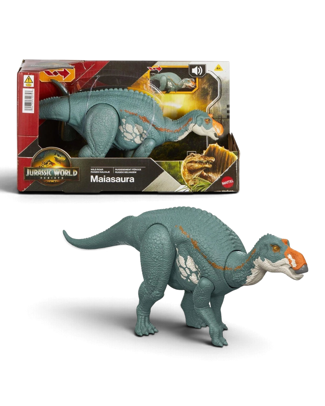 VaultifyUK Jurassic World Rebirth Maiasaura Wild Roar dinosaur action figure with teal skin and orange snout detail.