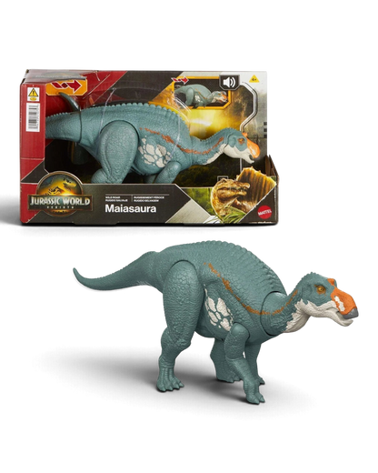 VaultifyUK Jurassic World Rebirth Maiasaura Wild Roar dinosaur action figure with teal skin and orange snout detail.