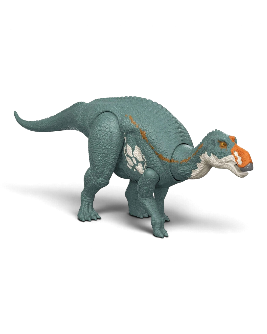 VaultifyUK Jurassic World Rebirth Maiasaura action figure with teal skin, orange snout, and detailed dinosaur texture