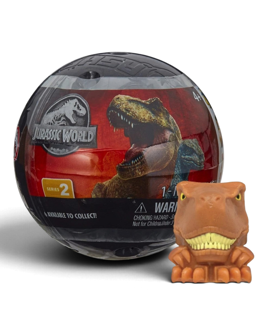 VaultifyUK Jurassic World MASH'EMS Series 2 blind capsule with a squishy brown T-Rex dinosaur collectable figure