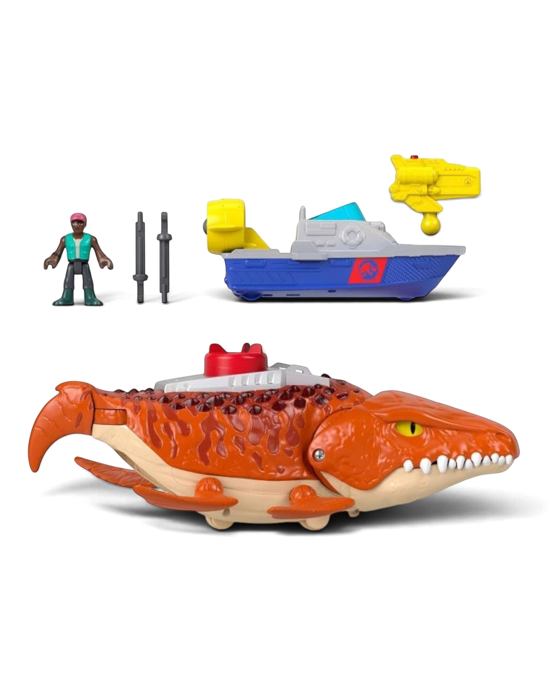 VaultifyUK Jurassic World Rebirth Aquachomp Chase Mosasaurus playset with action figure, rescue boat, and projectiles.