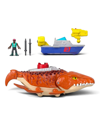 VaultifyUK Jurassic World Rebirth Aquachomp Chase Mosasaurus playset with action figure, rescue boat, and projectiles.