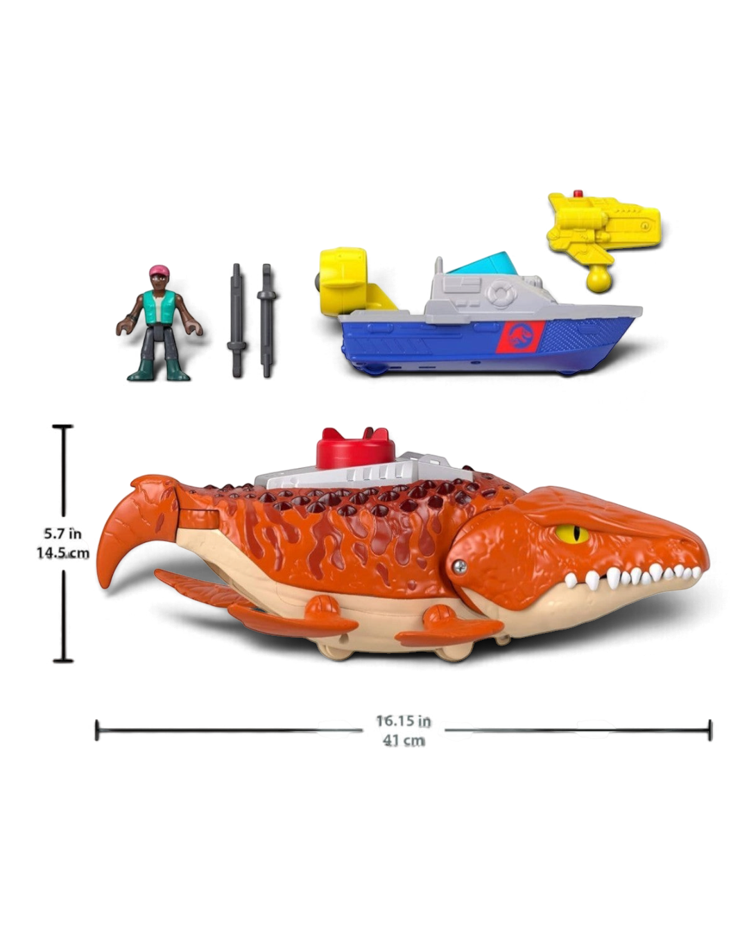 VaultifyUK Jurassic World Rebirth Aquachomp Chase Mosasaurus playset with action figure, rescue boat, and projectiles.