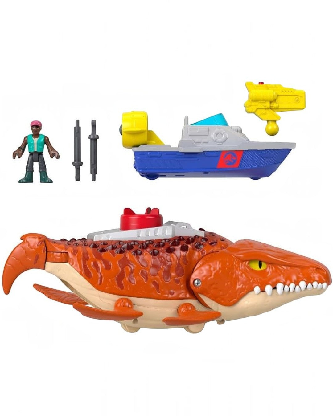 VaultifyUK Jurassic World Rebirth Aquachomp Chase Mosasaurus playset with action figure, rescue boat, and projectiles.