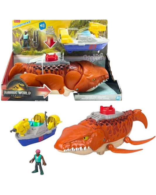VaultifyUK Jurassic World Rebirth Aquachomp Chase Mosasaurus playset with action figure, rescue boat, and projectiles.