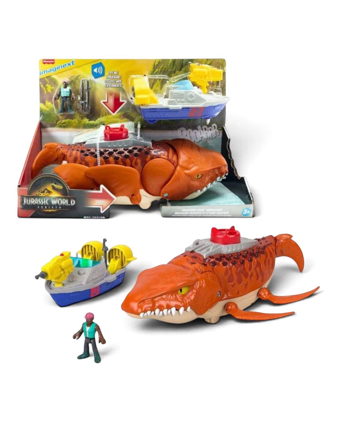 VaultifyUK Jurassic World Rebirth Aquachomp Chase Mosasaurus playset with action figure, rescue boat, and projectiles.