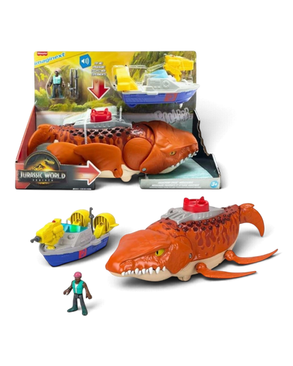 VaultifyUK Jurassic World Rebirth Aquachomp Chase Mosasaurus playset with action figure, rescue boat, and projectiles.