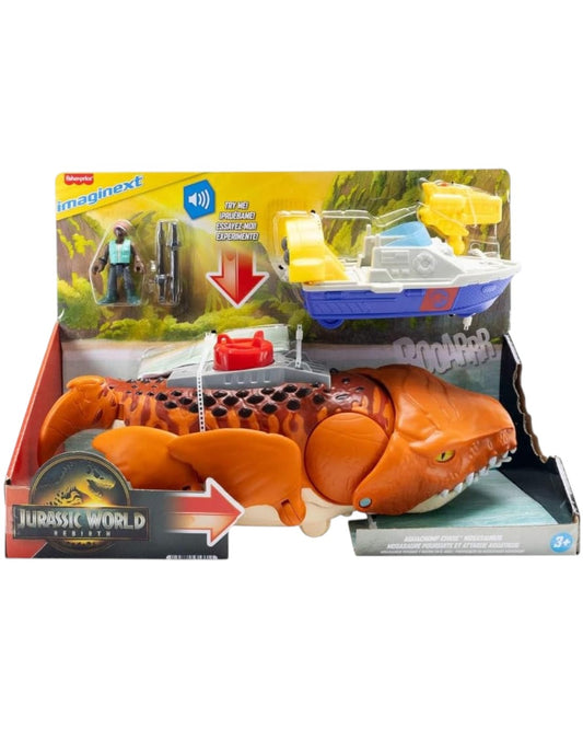 VaultifyUK Jurassic World Rebirth Aquachomp Chase Mosasaurus playset with action figure, rescue boat, and projectiles.