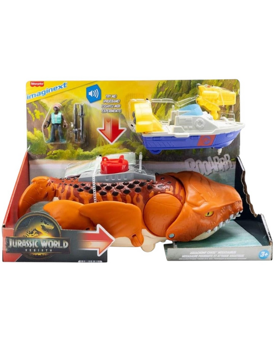 VaultifyUK Jurassic World Rebirth Aquachomp Chase Mosasaurus playset with action figure, rescue boat, and projectiles.