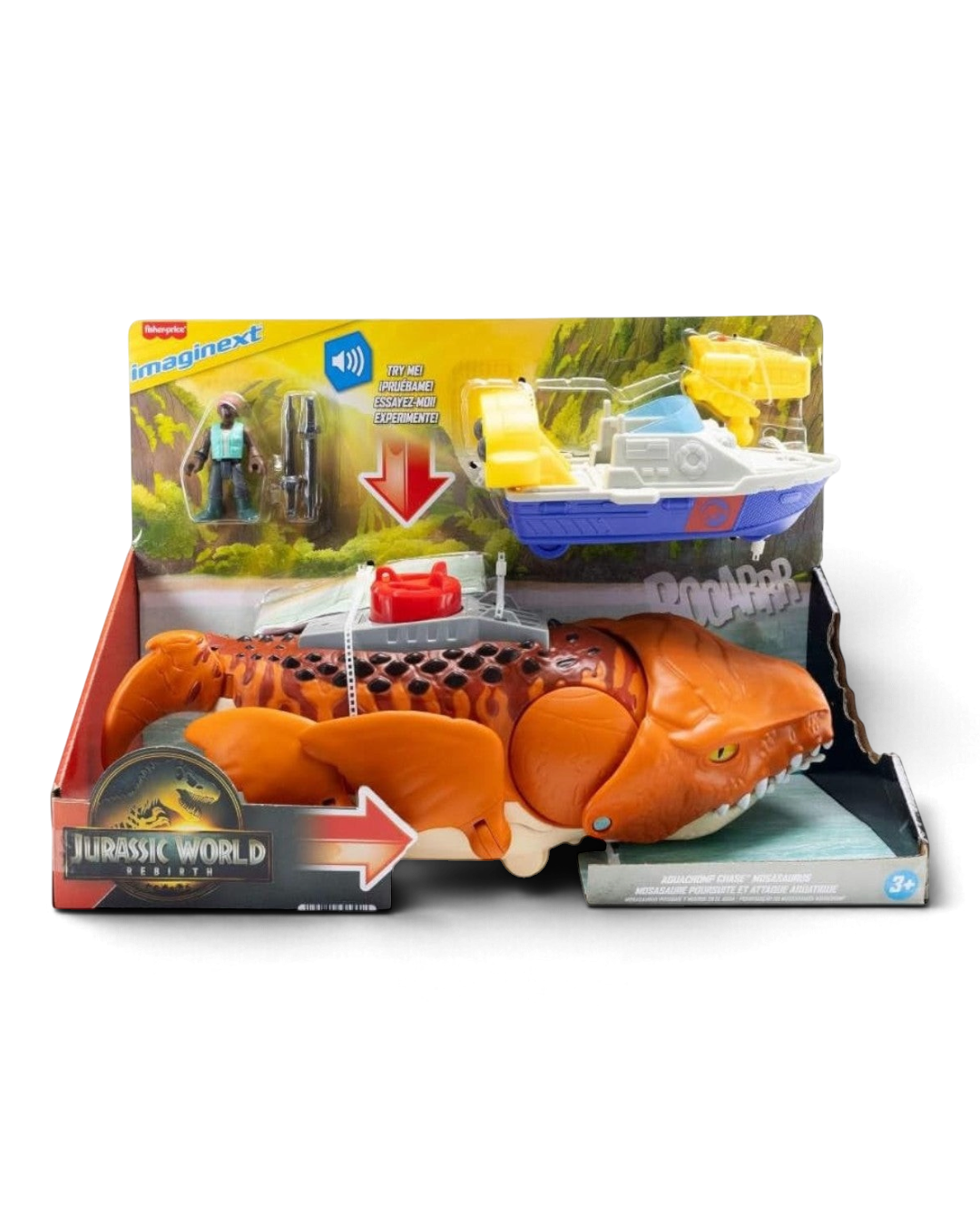 VaultifyUK Jurassic World Rebirth Aquachomp Chase Mosasaurus playset with action figure, rescue boat, and projectiles.