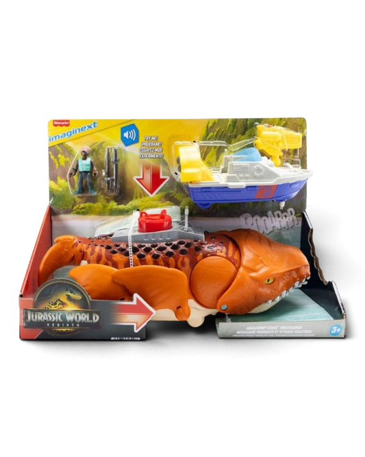 VaultifyUK Jurassic World Rebirth Aquachomp Chase Mosasaurus playset with action figure, rescue boat, and projectiles.
