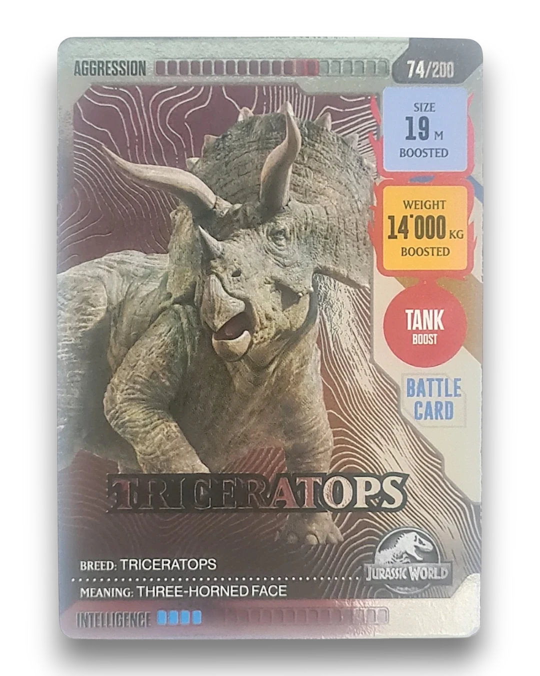 VaultifyUK Panini Jurassic World ROAR! Triceratops silver metallic trading card number 74 with tank boost stats