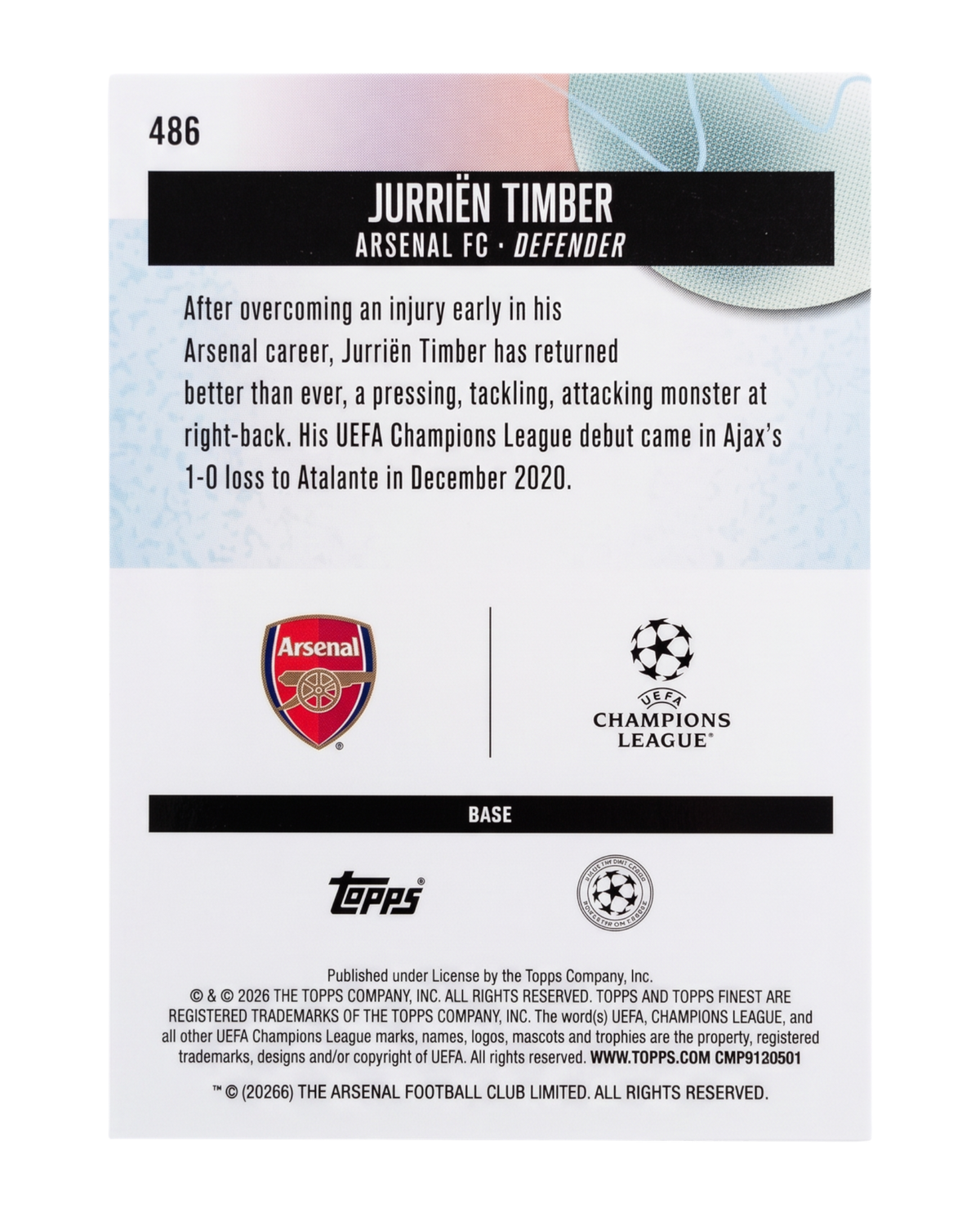 VaultifyUK Jurriën Timber 2025-26 Topps Finest UEFA trading card back featuring Arsenal FC and Champions League logos