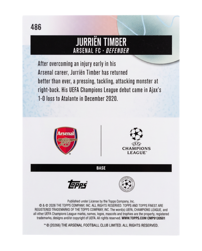 VaultifyUK Jurriën Timber 2025-26 Topps Finest UEFA trading card back featuring Arsenal FC and Champions League logos