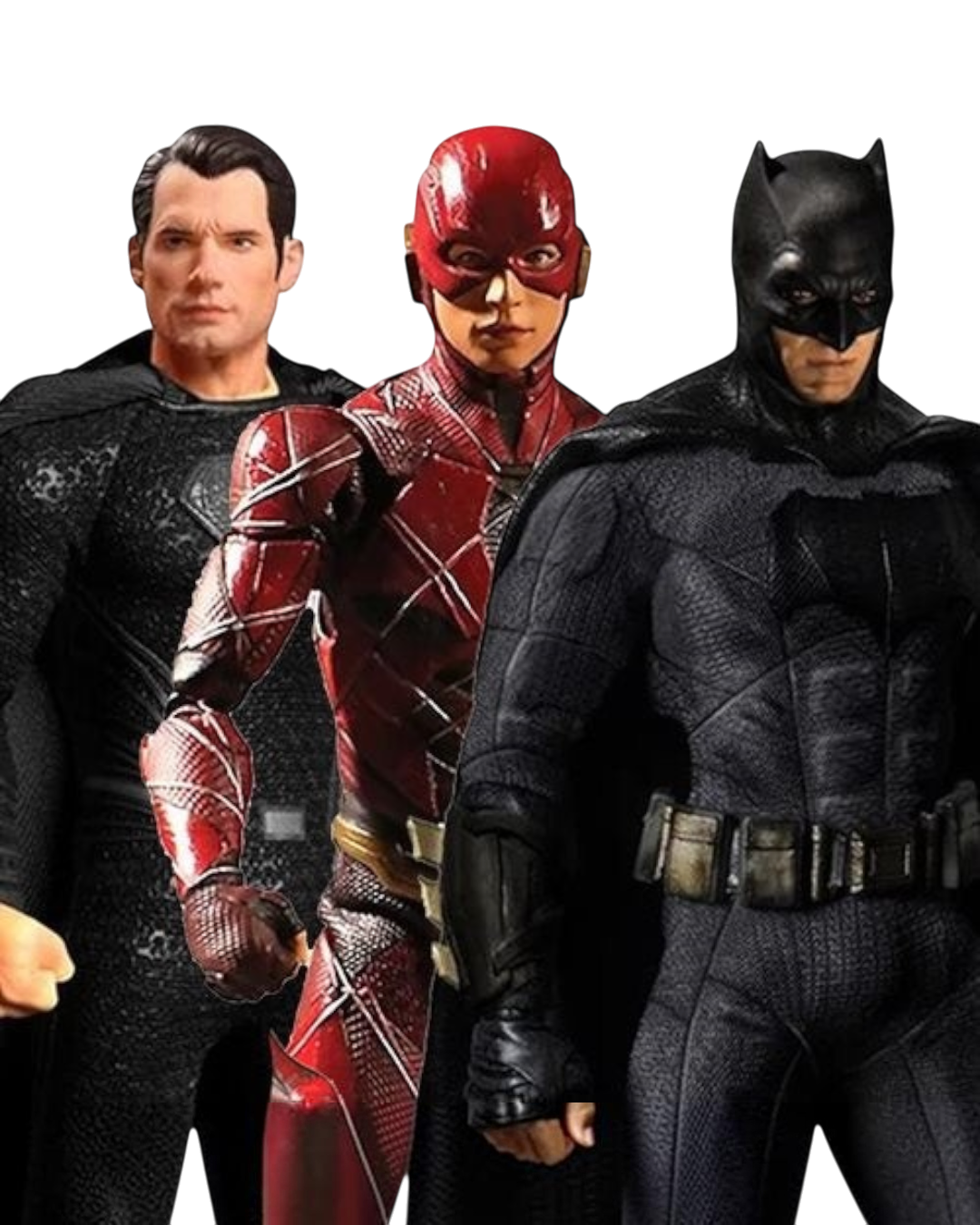 VaultifyUK Mezco One:12 Collective Justice League action figures of Superman, The Flash, and Batman in detailed suits.