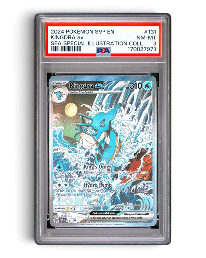 VaultifyUK graded PSA 8 Kingdra ex SVP 131 Pokémon card featuring Japanese woodblock style art of a blue dragon.