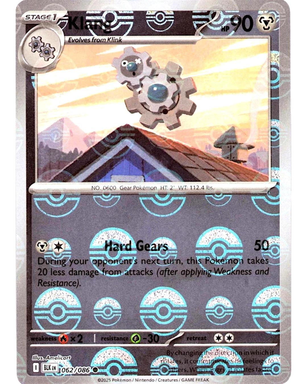 VaultifyUK Klang 062/086 Stage 1 Pokémon card with Black Bolt Poké Ball reverse holo pattern and metallic gear art