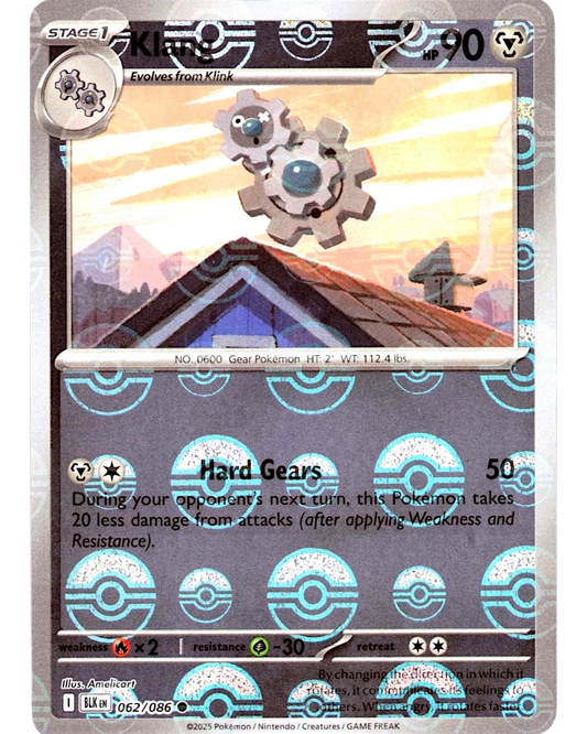 VaultifyUK Klang 062/086 Stage 1 Pokémon card with Black Bolt Poké Ball reverse holo pattern and metallic gear art
