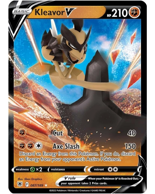 VaultifyUK Kleavor V 087/189 Holo Ultra Rare Pokémon card from Astral Radiance featuring dynamic fighting-type artwork.