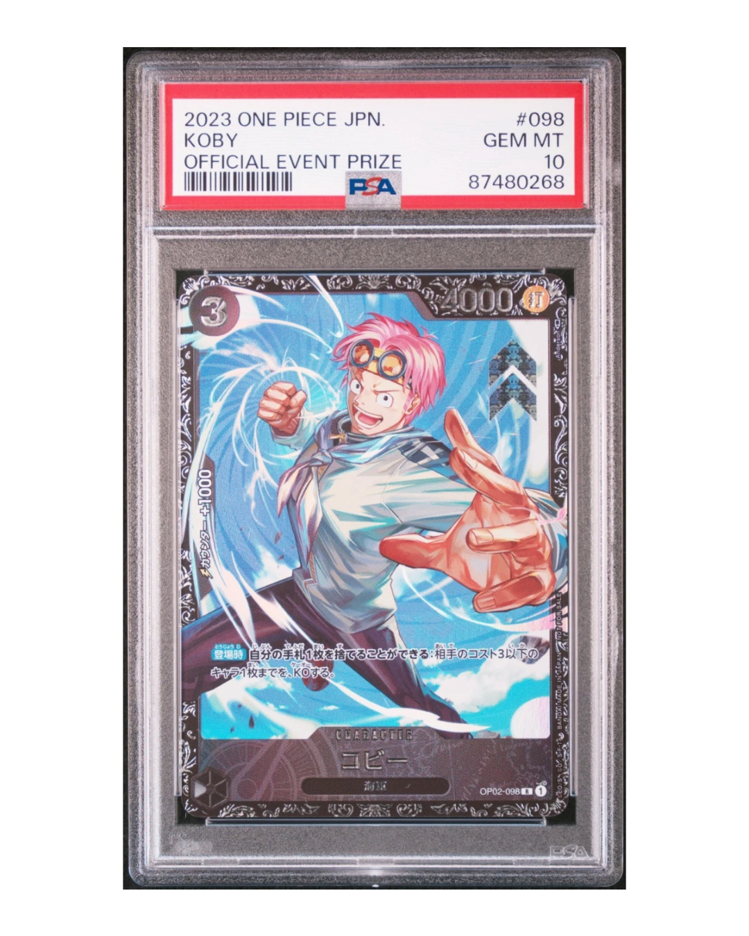 VaultifyUK PSA 10 Koby OP02-098 One Piece Flagship Battle event prize card with pink-haired character illustration.