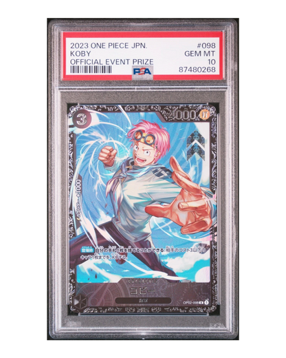 VaultifyUK PSA 10 Koby OP02-098 One Piece Flagship Battle event prize card with pink-haired character illustration.