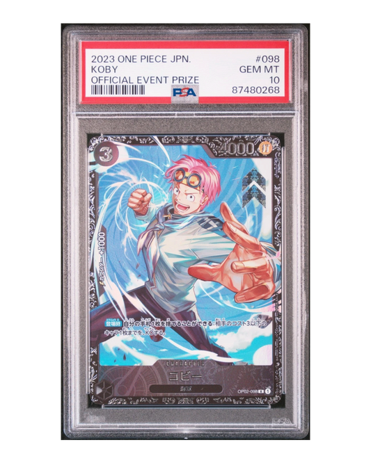 VaultifyUK PSA 10 Koby OP02-098 One Piece Flagship Battle event prize card with pink-haired character illustration.