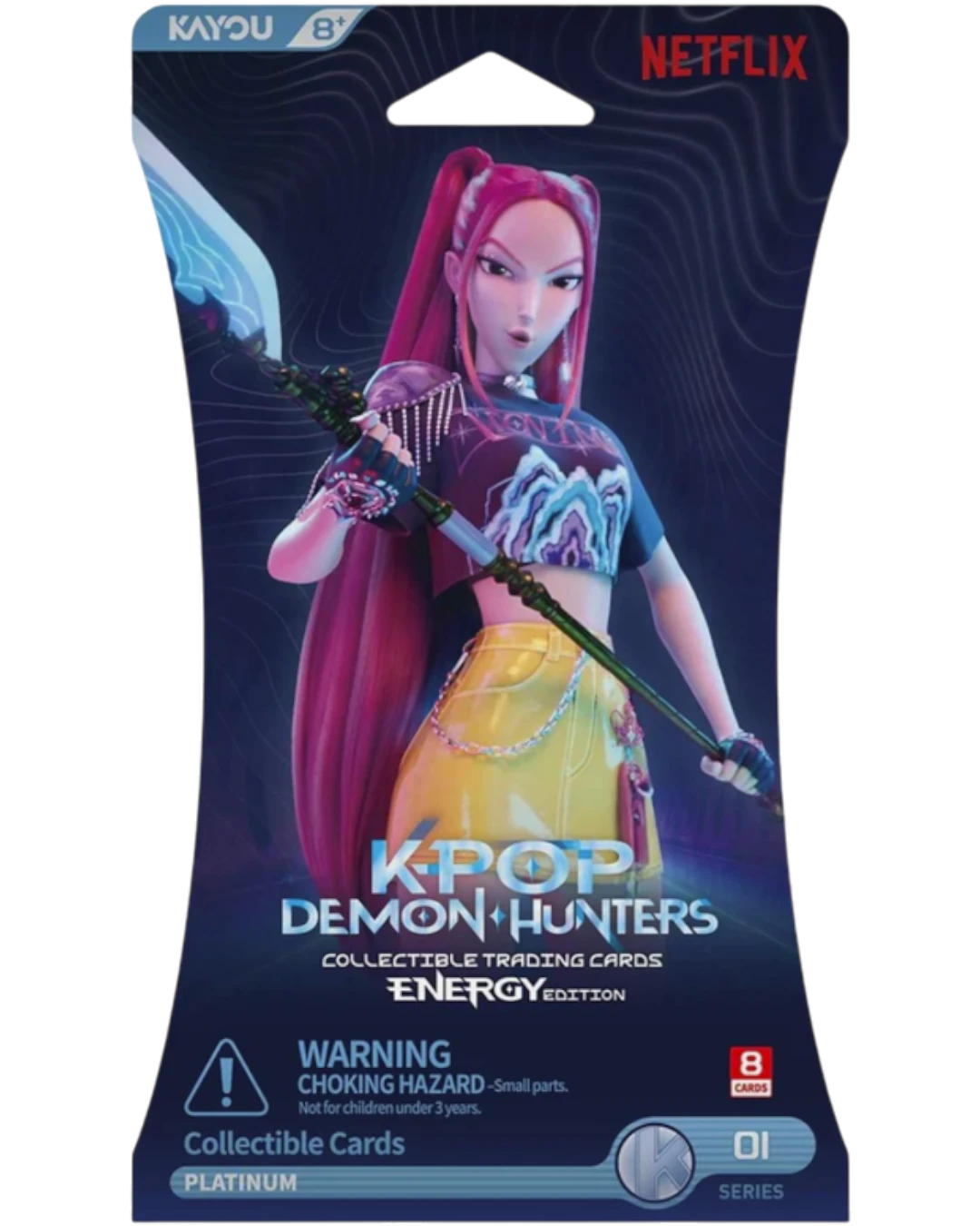 VaultifyUK KPop Demon Hunters Energy Edition Series 1 sleeved booster pack featuring a character with a spear.