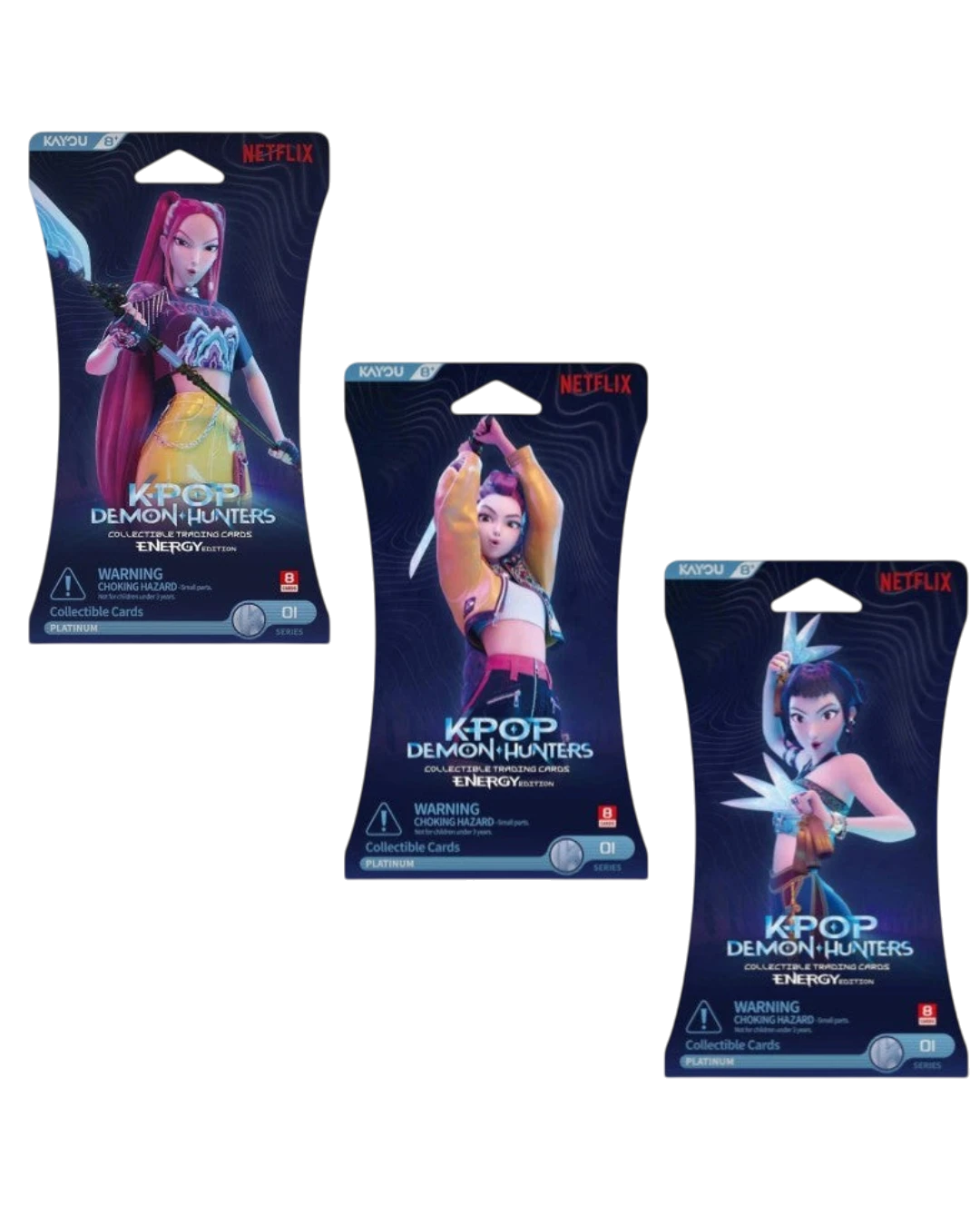 VaultifyUK KPop Demon Hunters Energy Edition trading card booster packs and display box featuring Netflix characters