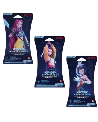 VaultifyUK KPop Demon Hunters Energy Edition trading card booster packs and display box featuring Netflix characters