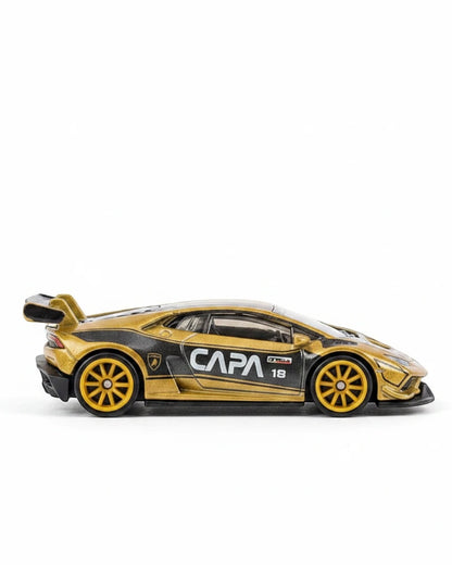 VaultifyUK Hot Wheels Premium Gran Turismo Lamborghini Huracán LP 620-2 Super Trofeo die-cast car in gold and black.