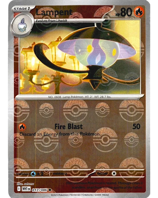 VaultifyUK Lampent 017/086 White Flare Pokémon TCG card featuring a unique Poké Ball reverse holo foil pattern