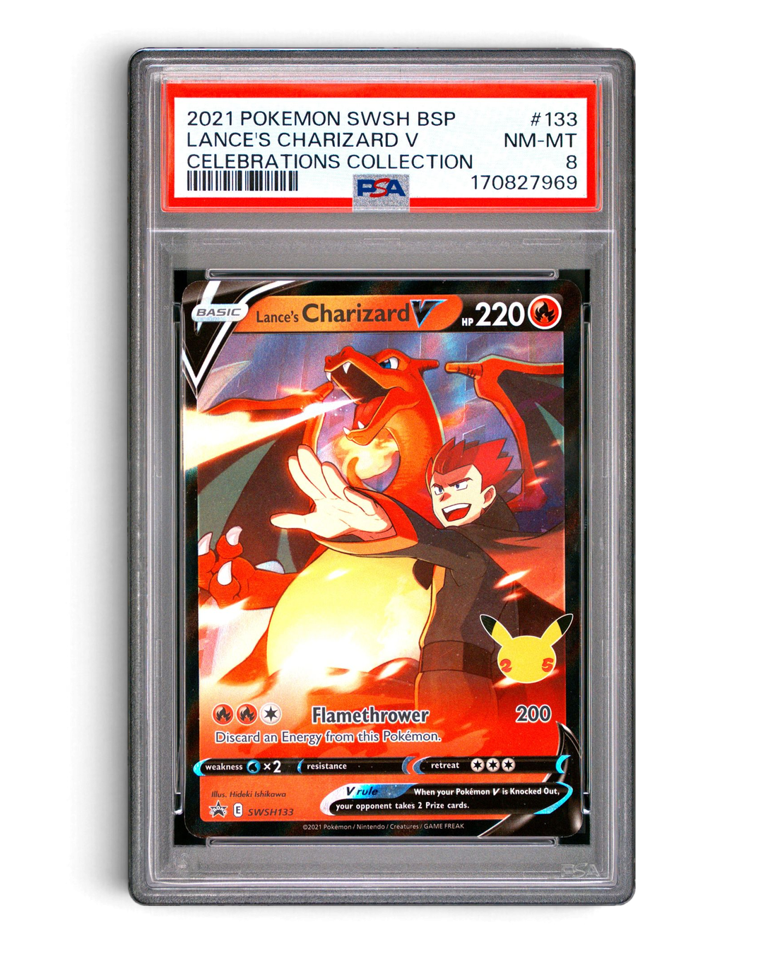 VaultifyUK graded PSA 8 Lance's Charizard V SWSH133 Pokémon card from the 25th anniversary Celebrations collection.