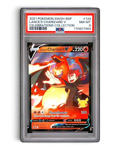 VaultifyUK graded PSA 8 Lance's Charizard V SWSH133 Pokémon card from the 25th anniversary Celebrations collection.
